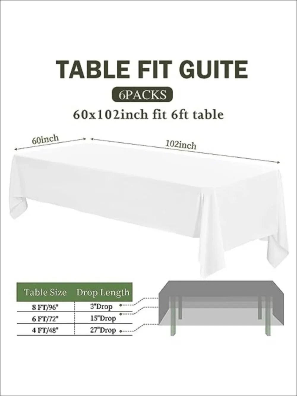 6 Pack Table Cloth Rectangle 60x102 Inch Polyester Washable Tablecloth for 6ft